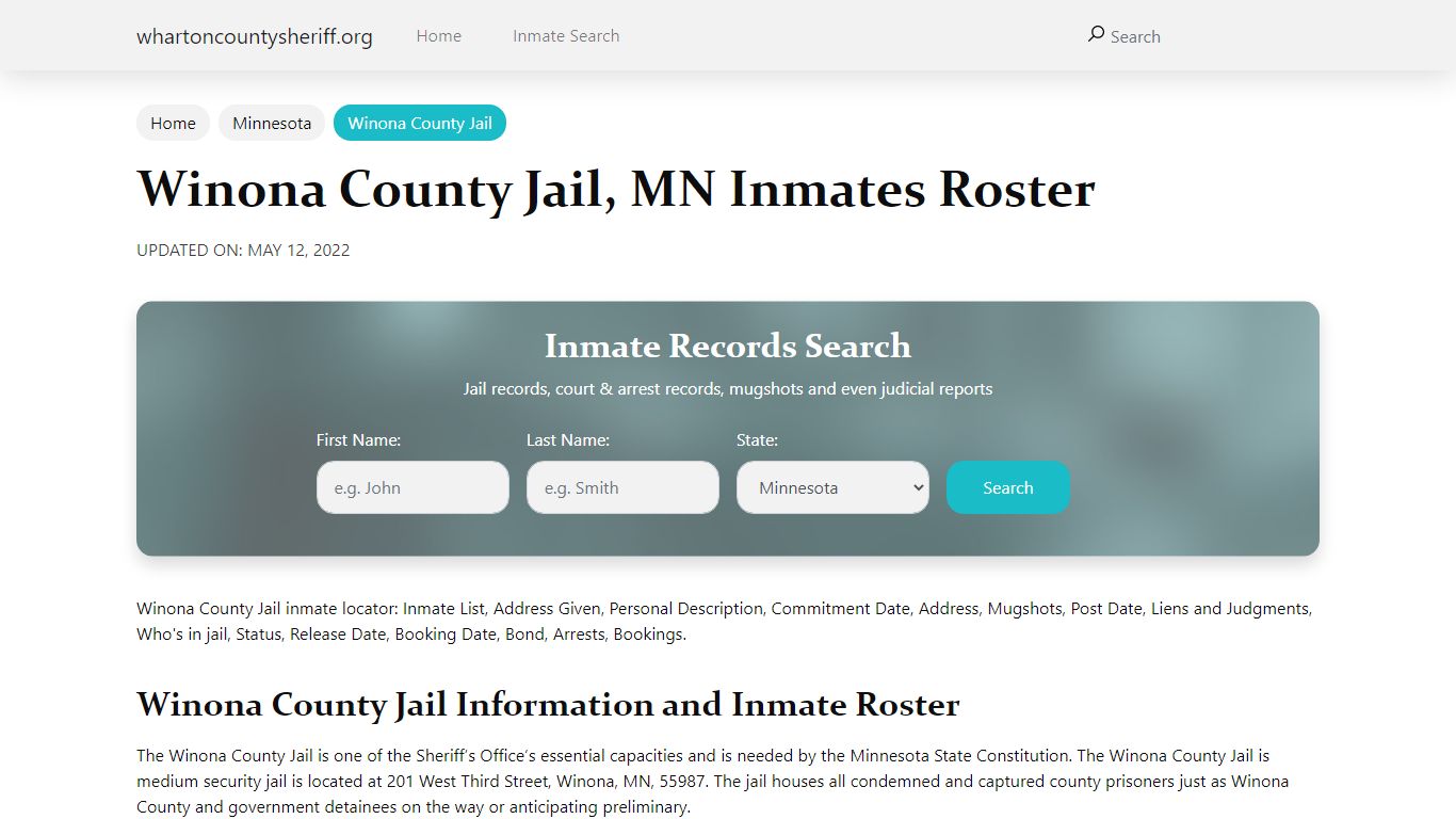 Winona County Jail, MN Jail Roster, Name Search